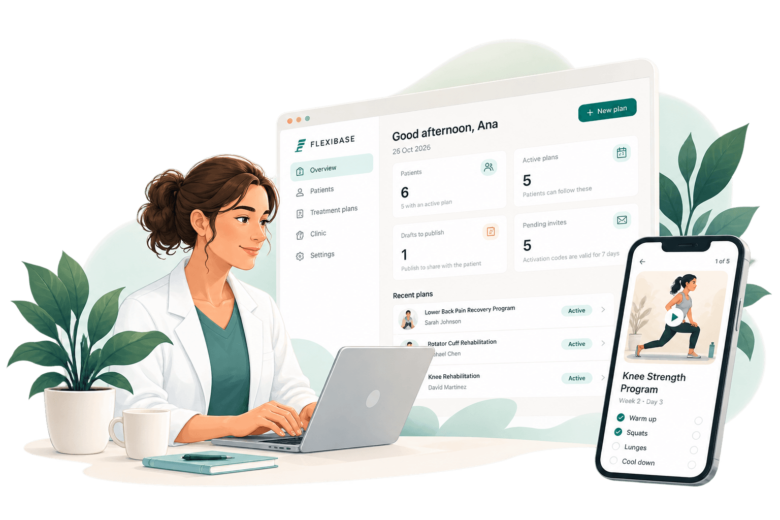 A physiotherapist at her laptop with the Flexibase portal open and a patient's exercise plan on a phone
